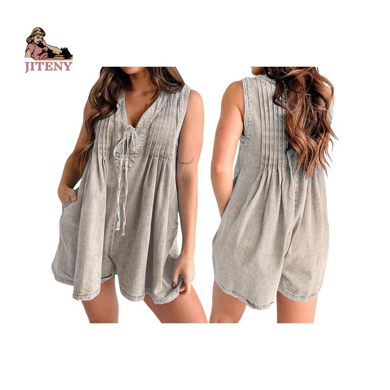 Women's Demin Tank Top Jumpsuit Loose Pleated Tie Front V Neck Sleeveless Shorts Romper with Pockets for Summer Lady Polyester Womenswear Overalls
